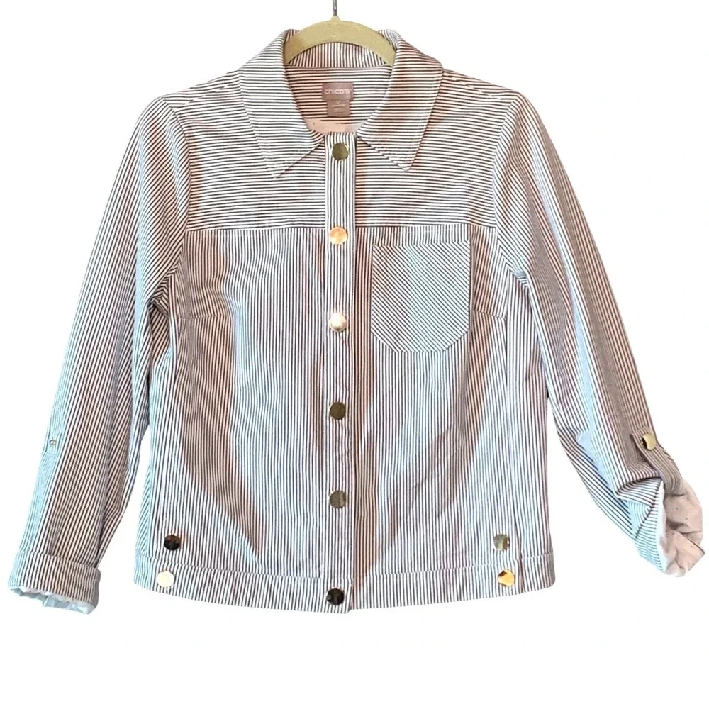 Chico's Striped Button Front Jacket Gold Button Accents Roll Tab Sleeves Women's - Picture 1 of 10
